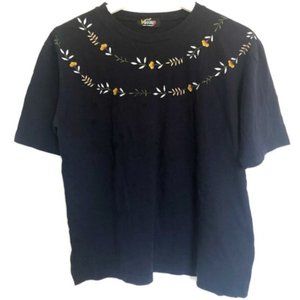 Wassup Floral Flower Embroidery Navy Blue Round Neck Short Sleeve T-Shirt Small